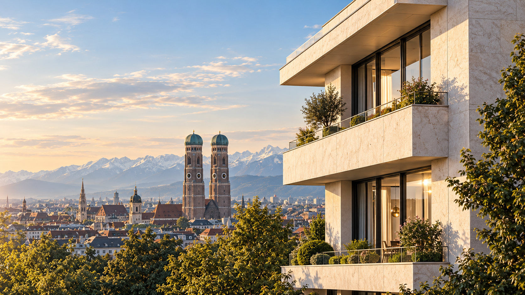 Hochwertige Wohnarchitektur vor der Münchner Stadtsilhouette